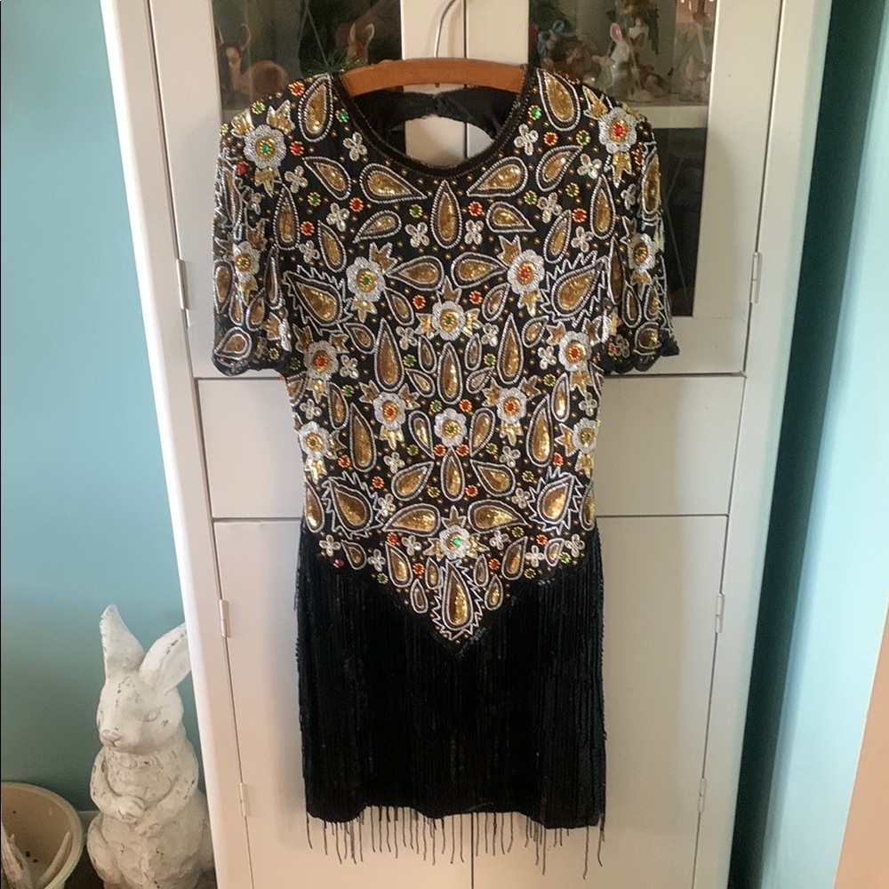 Vintage Gorgeous Black Beaded Dress euc